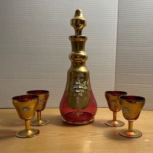 Bohemian Czech Ruby Red Gold Gilt Crystal Decanter & 4 Glasses Enamel Flowers